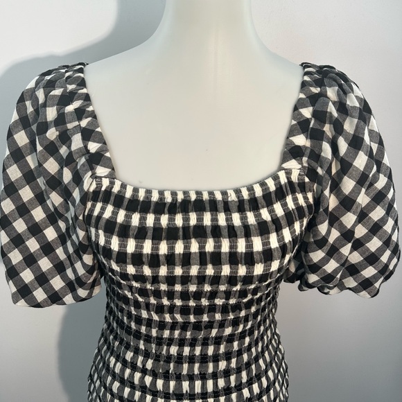 Endless Rose XS Black White Gingham Smocked Puff Sleeve Mini Dress Cotton Boho! - Picture 4 of 9